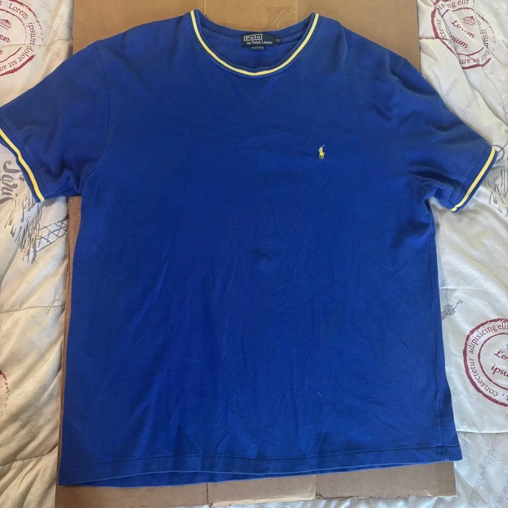 Polo Ralph Laurent T Shirt Mens XL Blue Yellow Trim Pique Cotton Short Sleeve Te